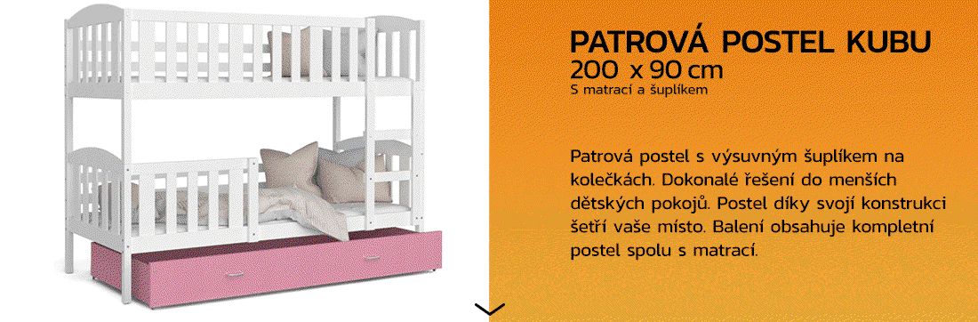 Detská poschodová posteľ KUBU 200x90cm BIELA-RŮŽOVÁ