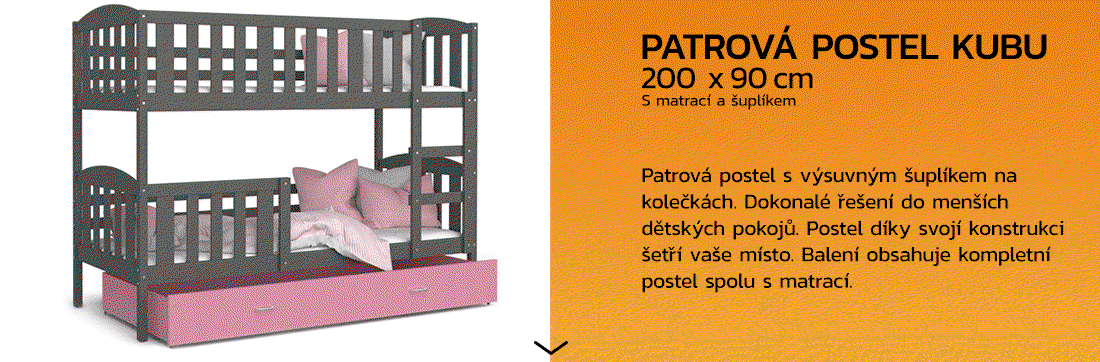 Detská poschodová posteľ KUBU 200x90cm SIVÁ-RUŽOVÁ