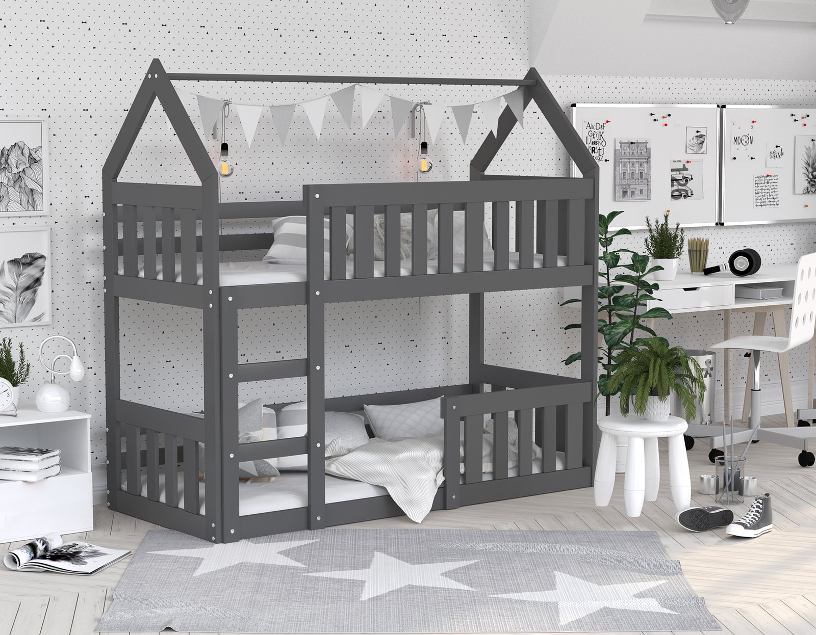 Bezpečná postel pro děti ve tvaru domečku. Detská poschodová posteľ DOMOK MINI 190x80 cm SIVÁ