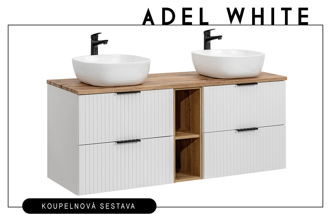 Sestava 2 koupelnových skříněk ADEL WHITE 140 cm + regál + 2 umyvadla