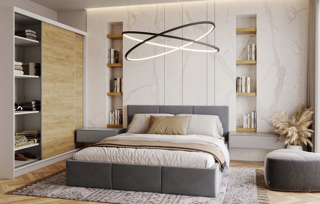 Šatní skříň DENVE 200x218x60,3 cm dub craft/šedá se zrcadlem