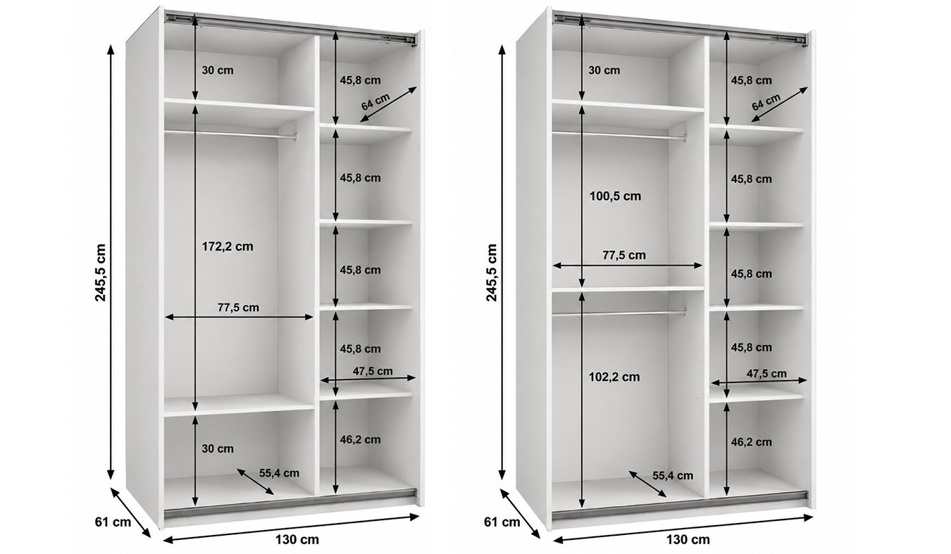 Vnitřní uspořádání bílé šatní skříně LUX 1 130 cm