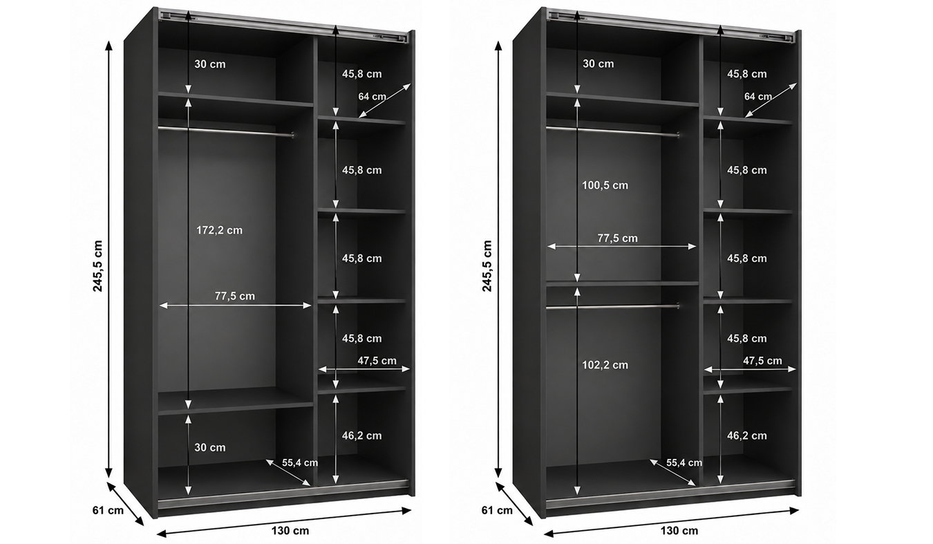 Vnitřní uspořádání černé šatní skříně LUX 1 130 cm
