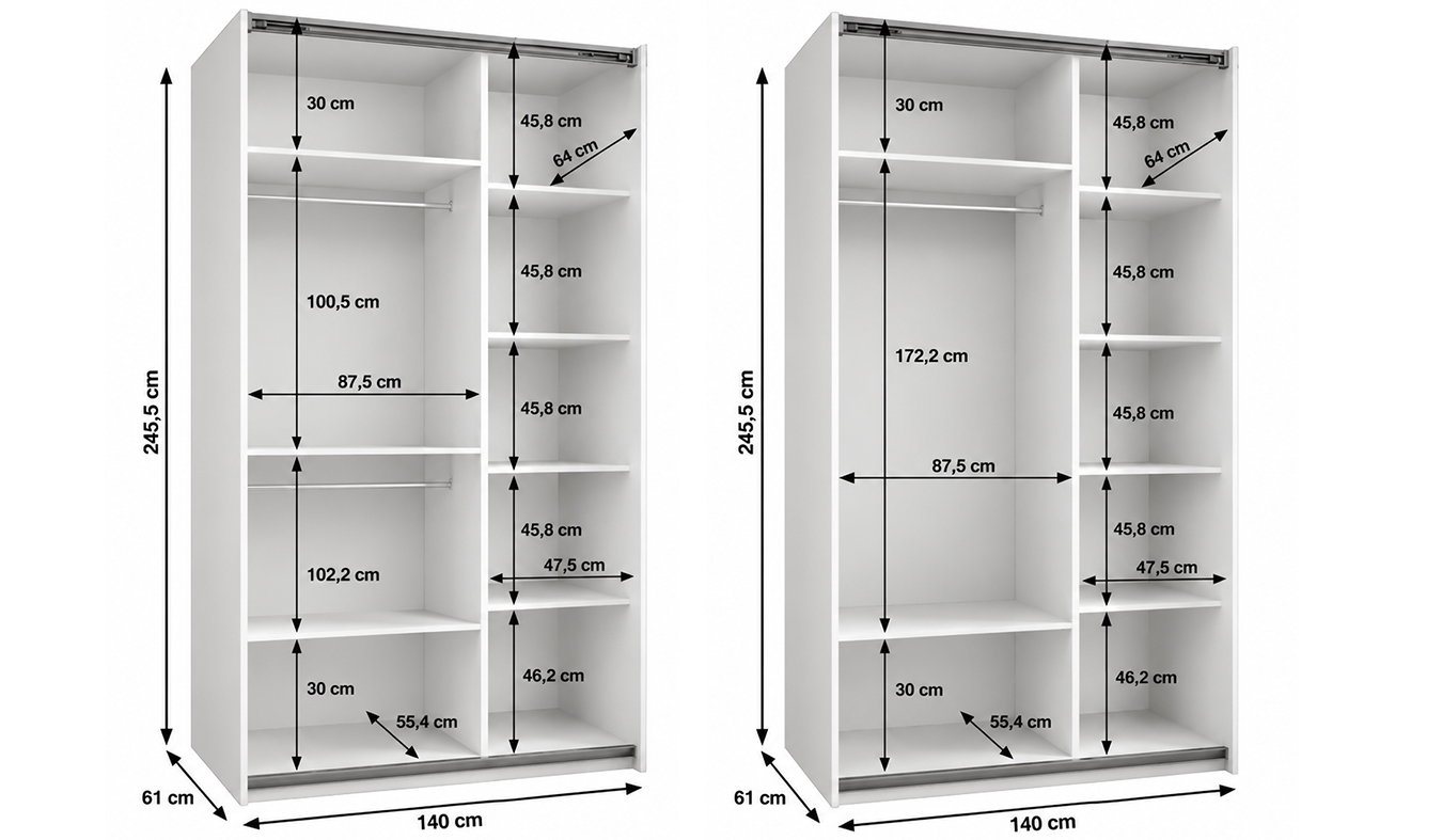 Vnitřní uspořádání bílé šatní skříně LUX 1 140 cm