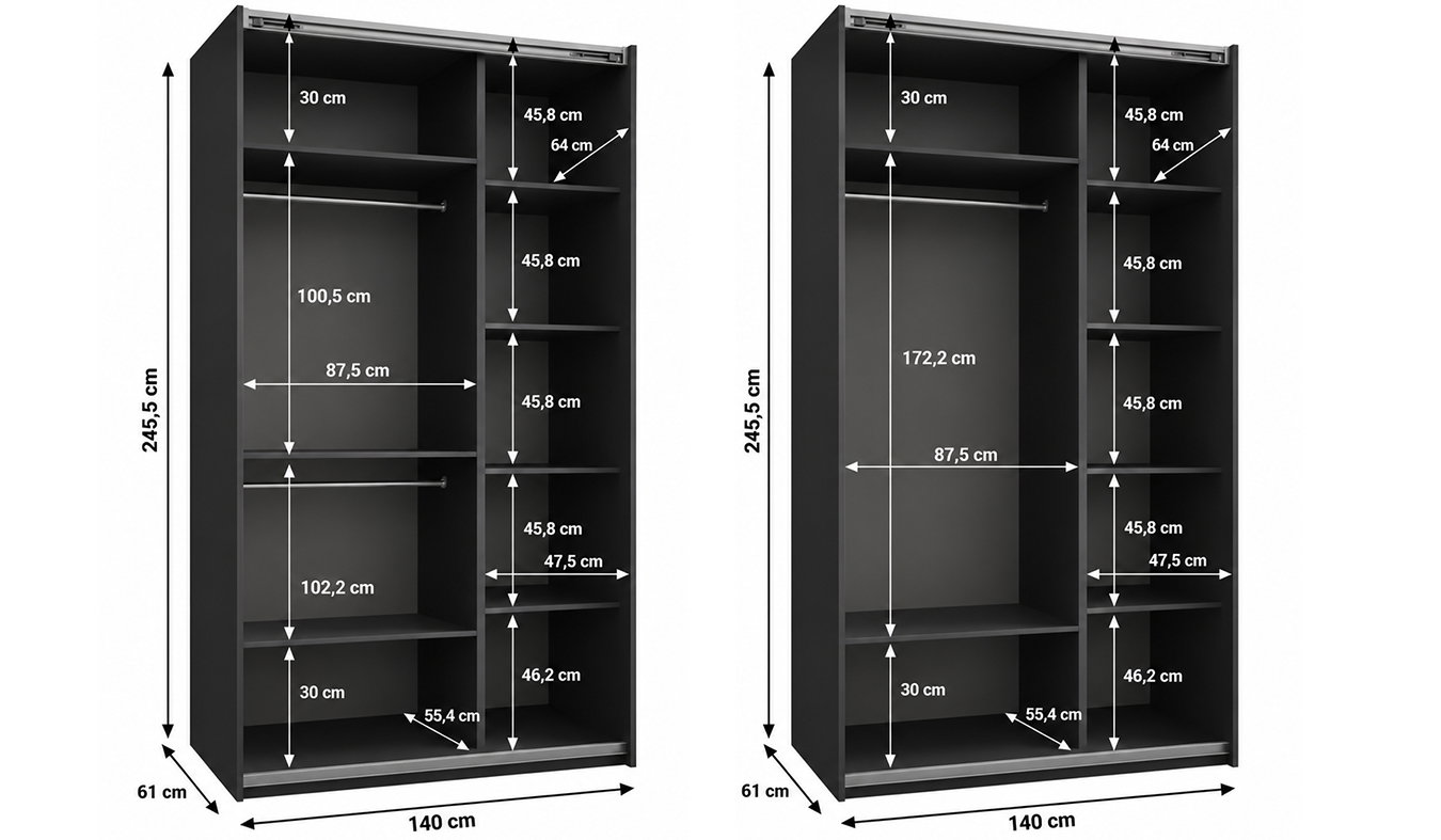 Vnitřní uspořádání černé šatní skříně LUX 1 140 cm