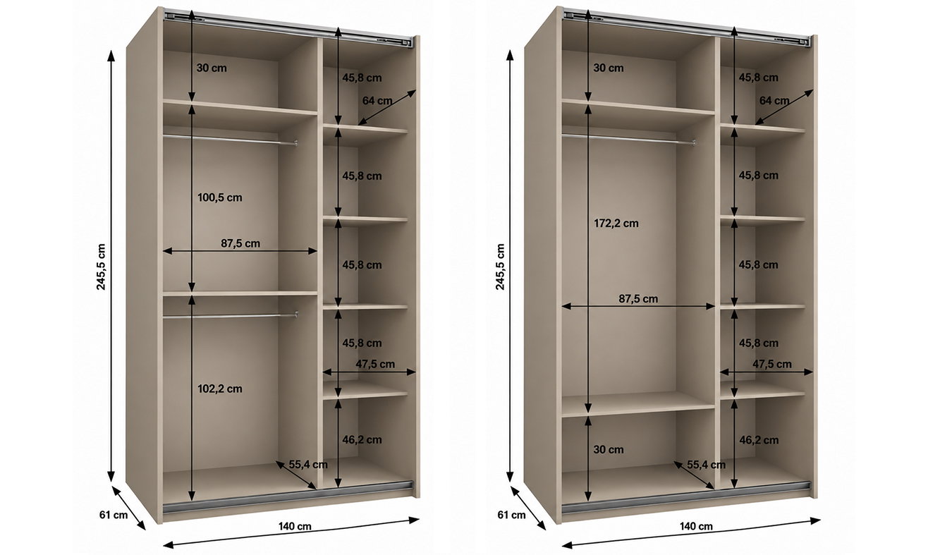 Vnitřní uspořádání skříně LUX 1 140 cm kašmír