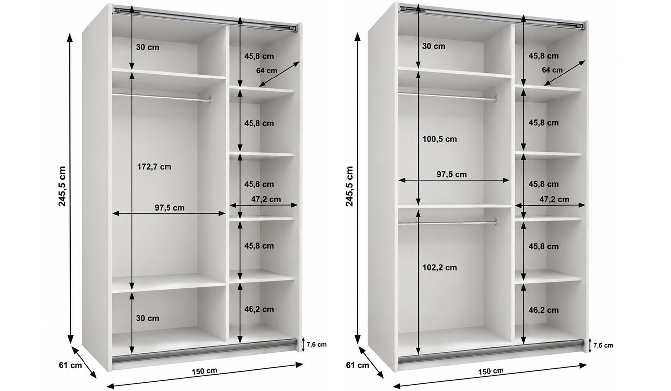 Vnitřní uspořádání bílé šatní skříně LUX 1 150 cm