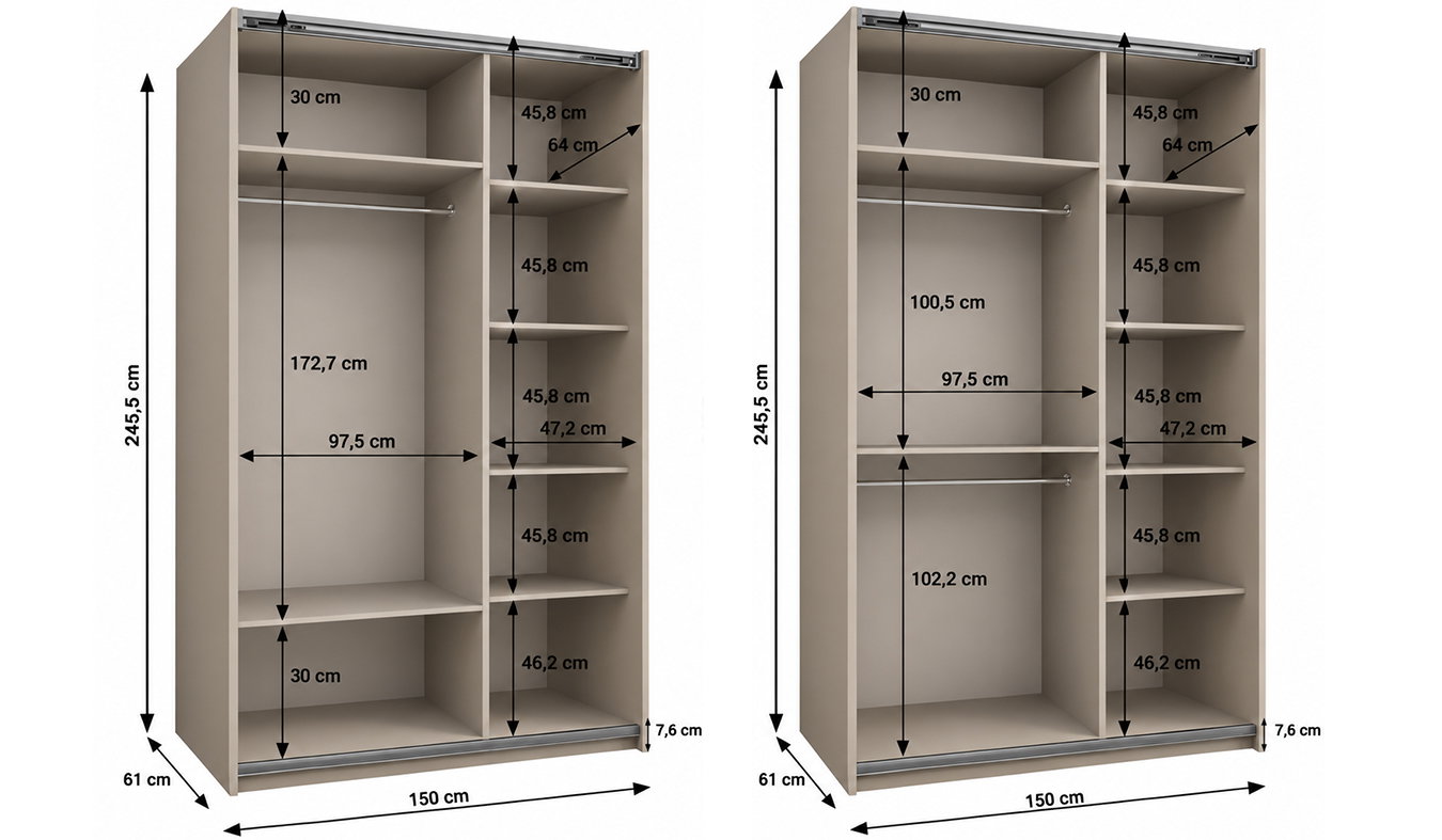 Vnitřní uspořádání skříně LUX 1 150 cm kašmír