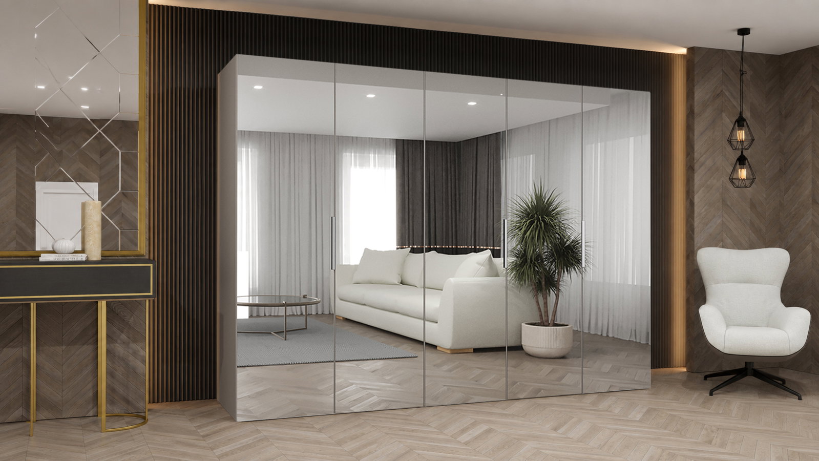 Šatní skříň MARBELLA 3 250 cm ořech Warmia se zrcadlovými dveřmi