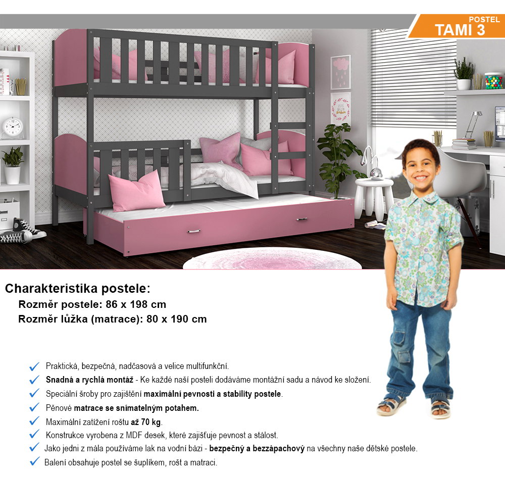 Detská poschodová posteľ TAMI 3 80x190 cm so šedou konštrukciou v ružovej farbe s prístelkou