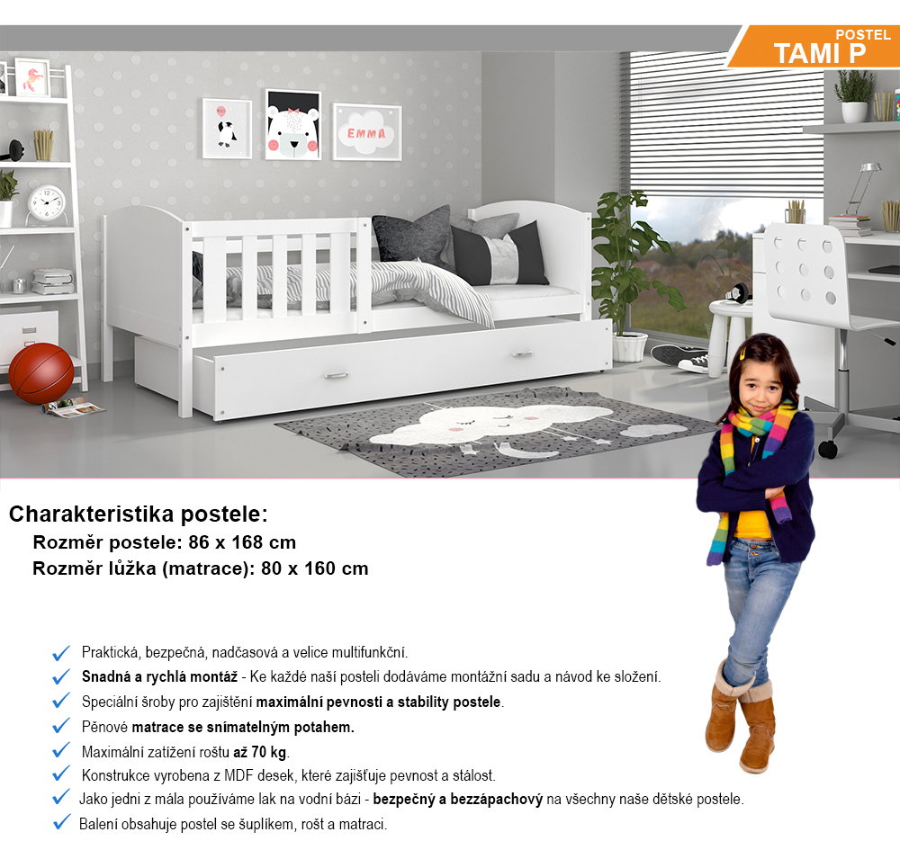 Detská posteľ TAMI P 80x160 cm s bielou konštrukciou v bielej farbe so šuplíkom