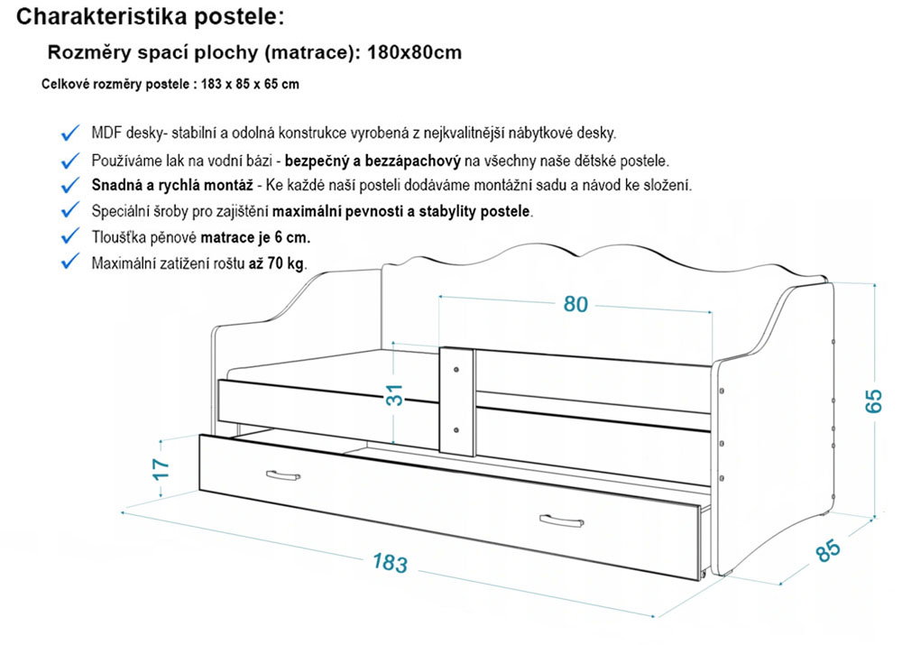 Dětská jednolůžková postel LILI bílá VZOR pejsci 80x180