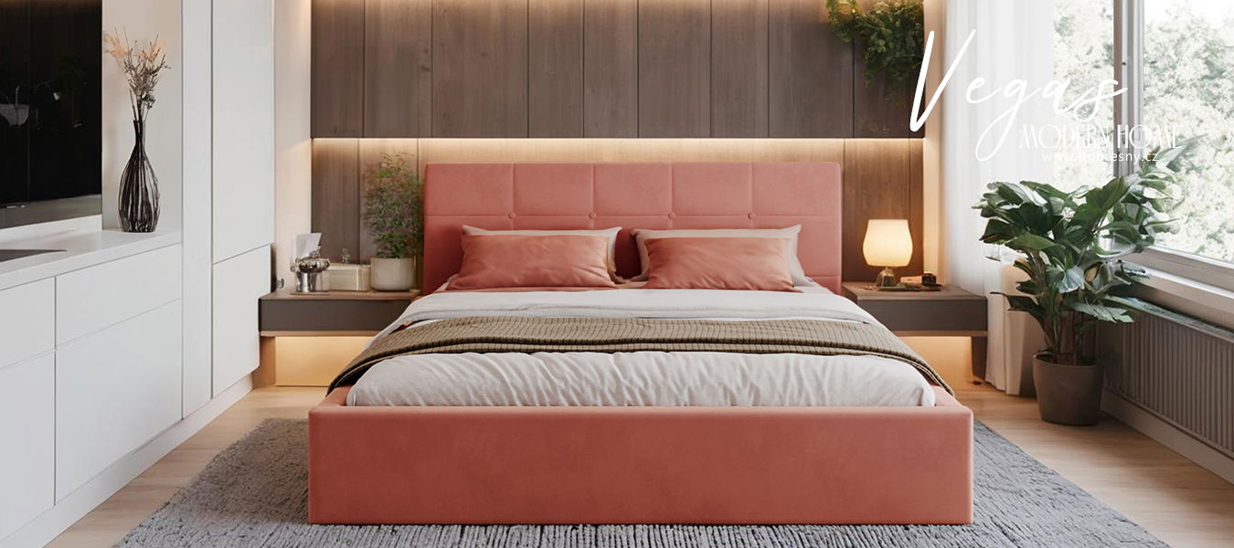 Čalúnená posteľ VEGAS 1 salmon 180x200 z paris dreveným roštom