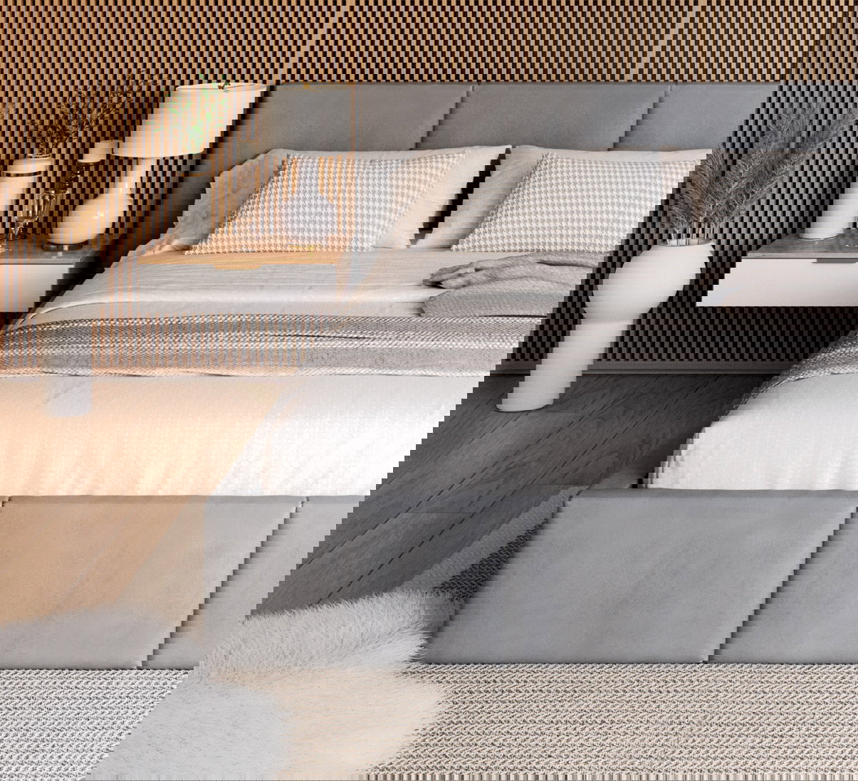 Čalúnená posteľ AMBER 160x200 Sivá Trinity s úložným priestorom a dreveným roštom