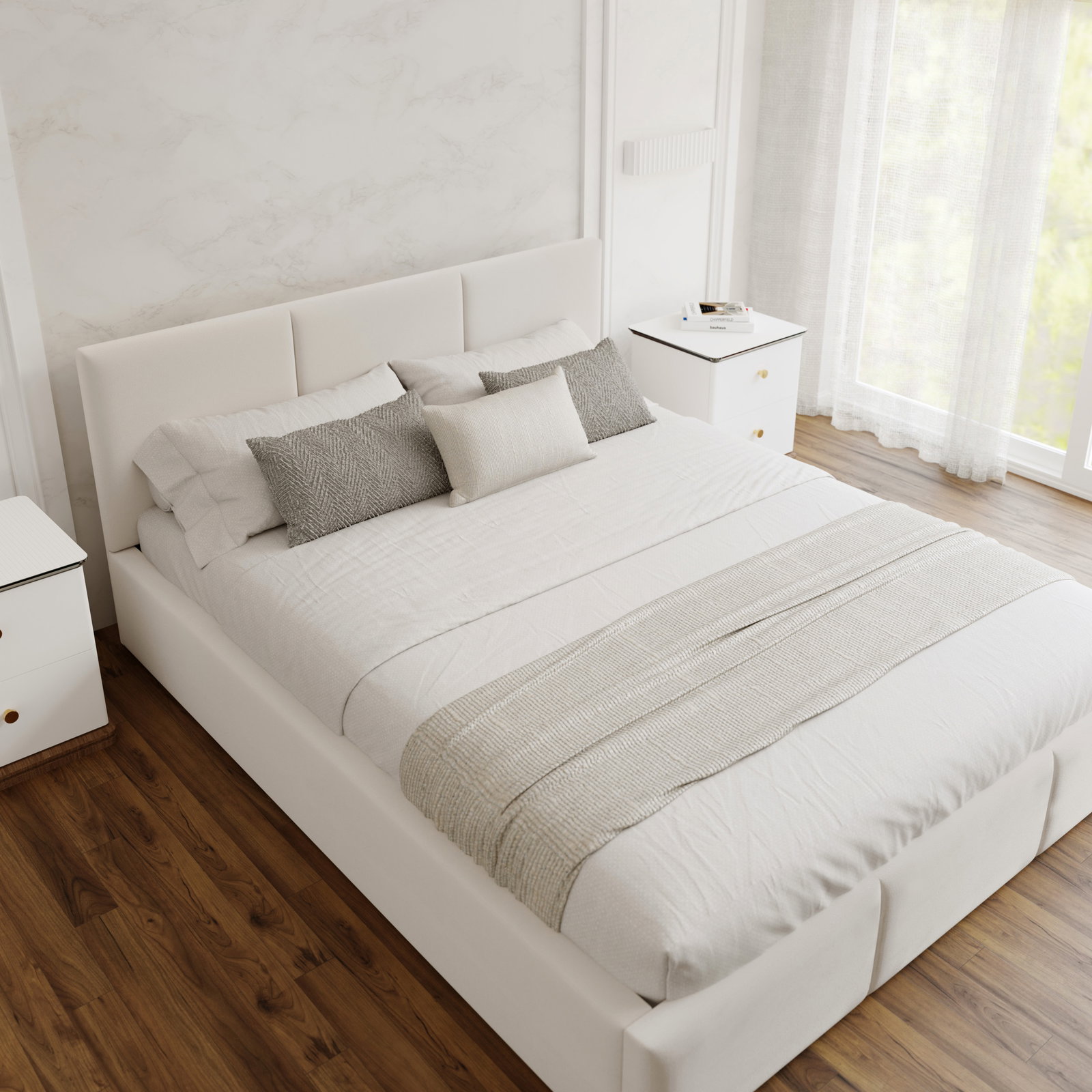 Čalúnená posteľ AMBER 140x200 Biela Trinity s úložným priestorom a dreveným roštom