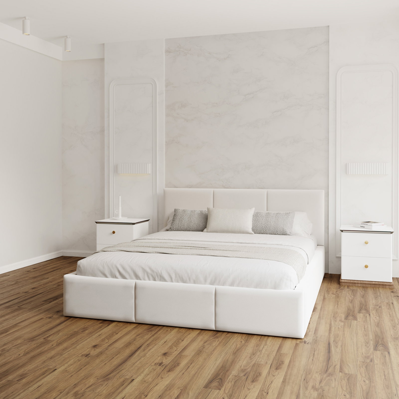 Čalúnená posteľ AMBER 160x200 Biela Trinity s úložným priestorom a dreveným roštom