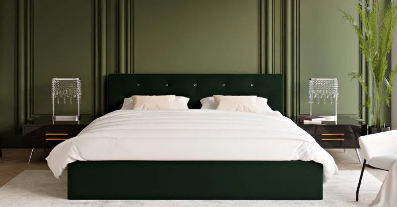 Čalouněná postel CRYSTAL tmavě zelená 140x200 s dřevěným roštem