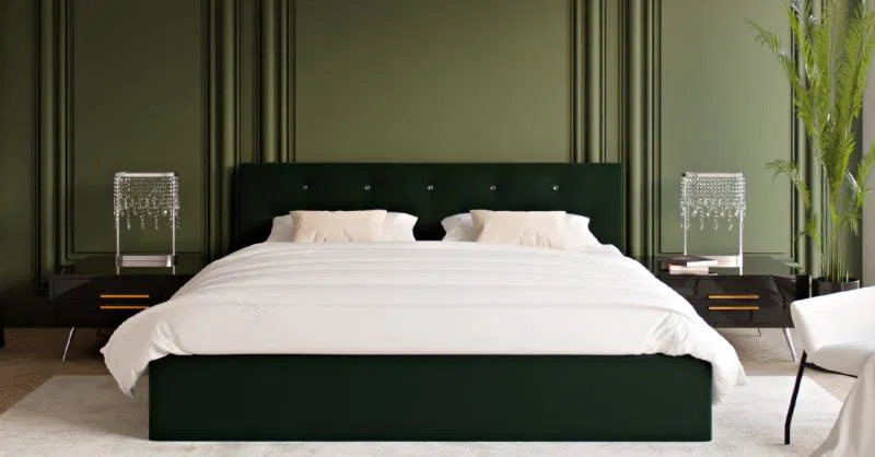 Čalouněná postel CRYSTAL tmavě zelená 180x200 s dřevěným roštem