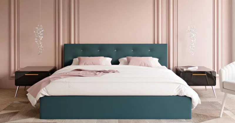 Čalouněná postel CRYSTAL tyrkysová 160x200 s dřevěným roštem