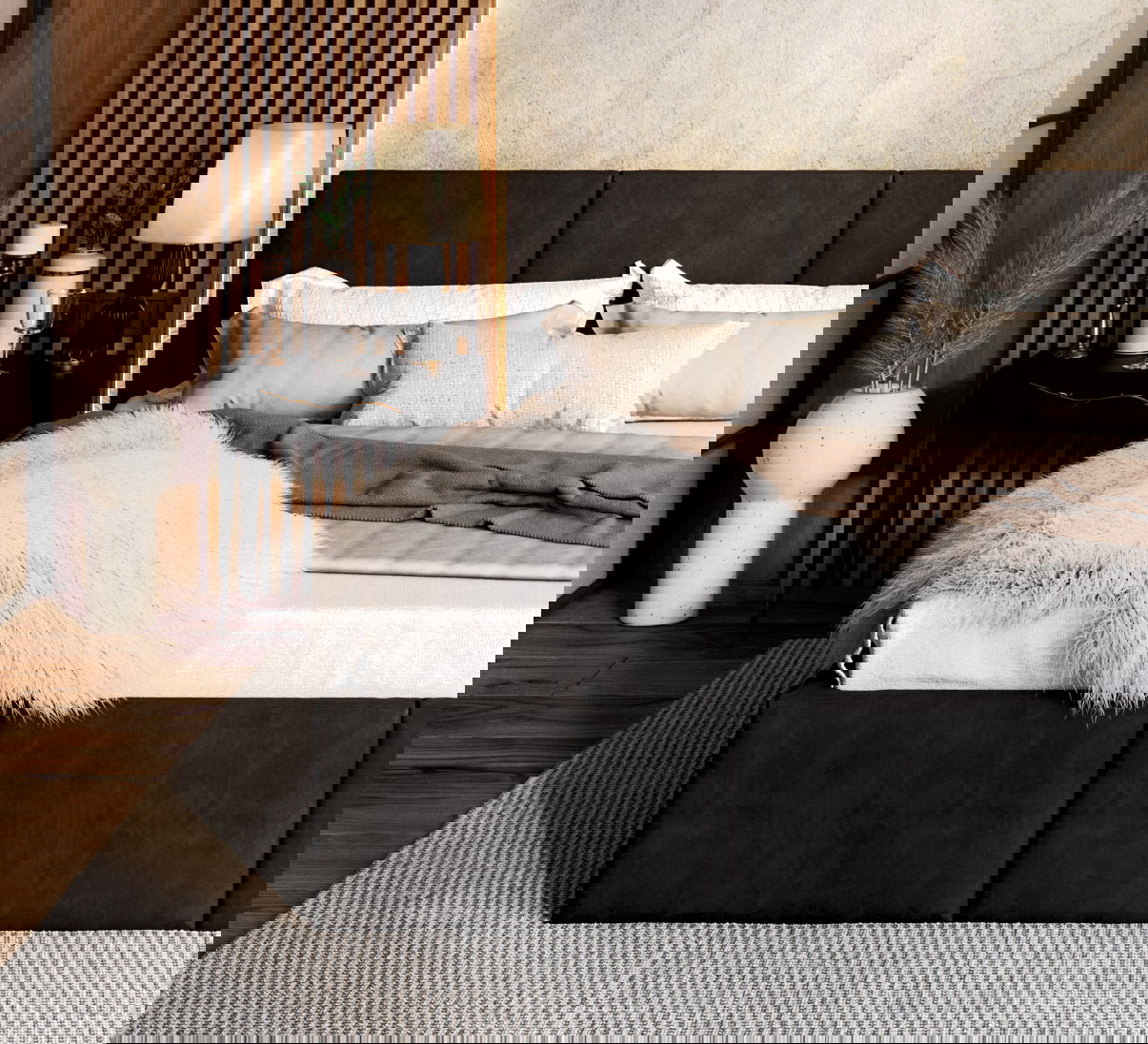 Čalúnená posteľ AMBER 180x200 Čierna Trinity s úložným priestorom a dreveným roštom