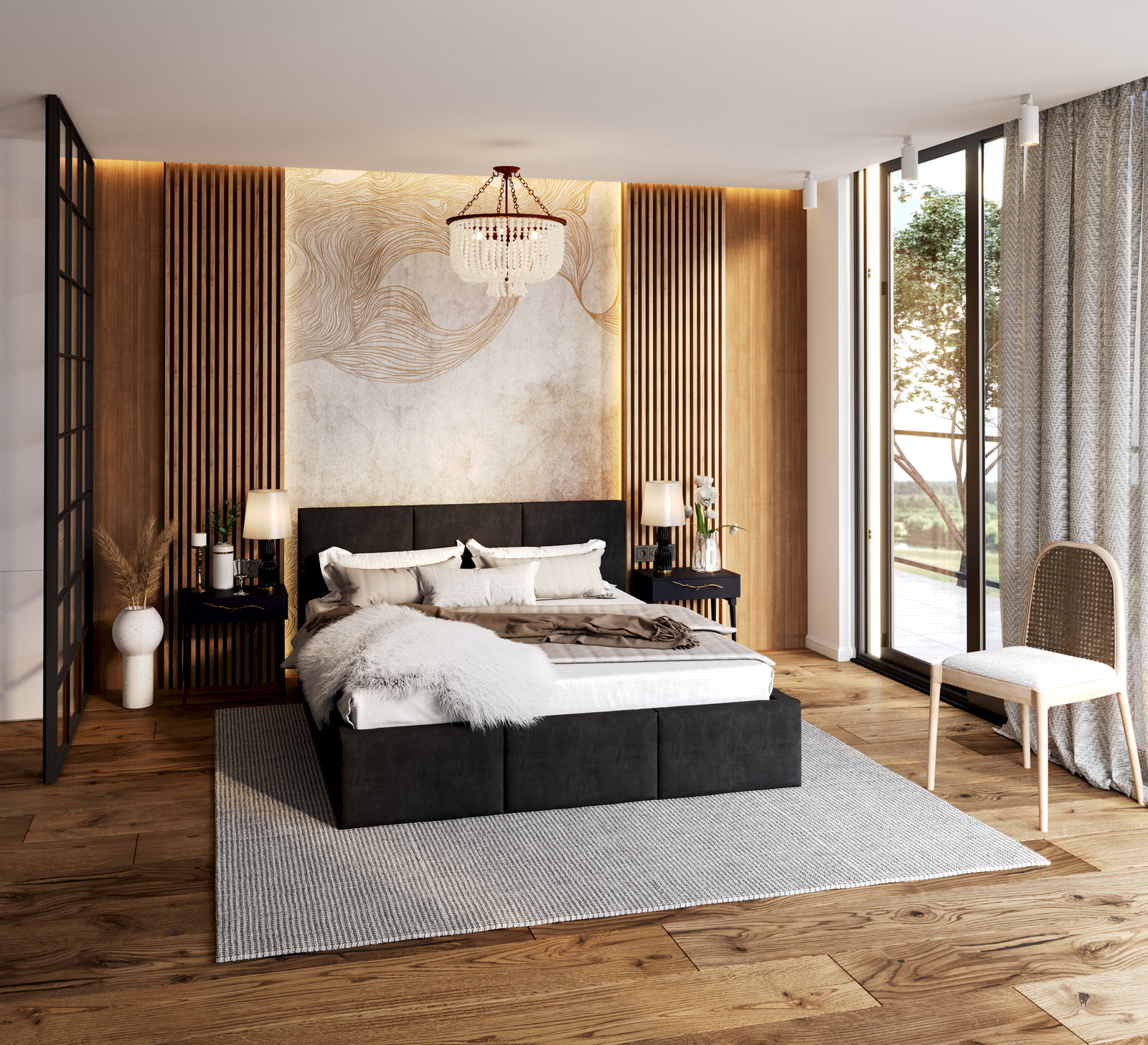 Čalúnená posteľ AMBER 160x200 Čierna Trinity s úložným priestorom a dreveným roštom