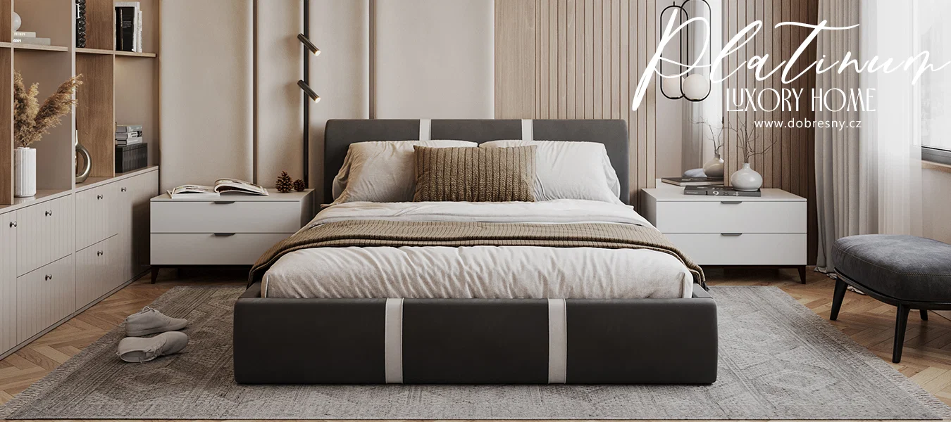 Čalouněná postel PLATINUM grafit bílá 180x200 Trinity s dřevěným roštem