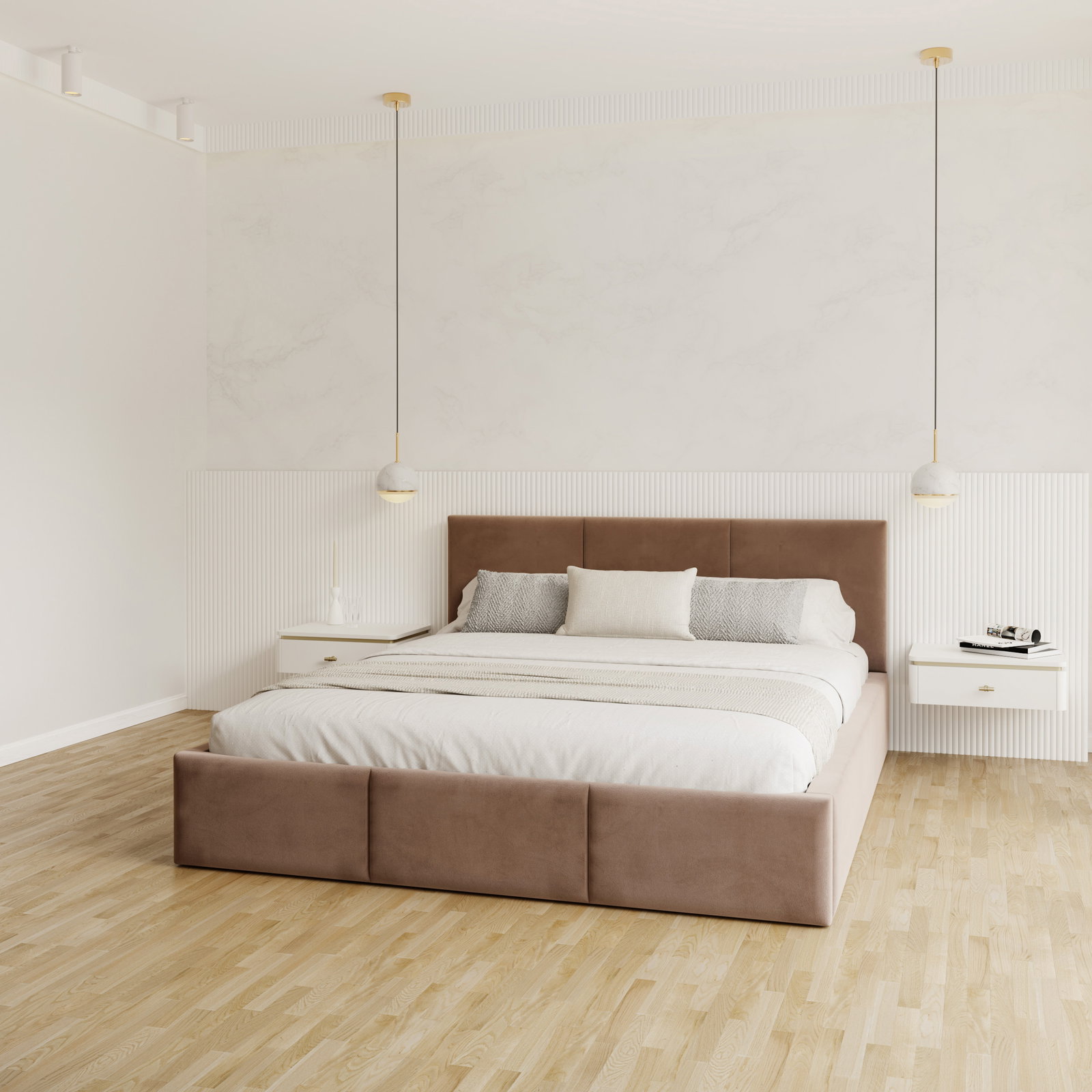 Čalúnená posteľ AMBER 140x200 Hnedá Trinity s úložným priestorom a dreveným roštom