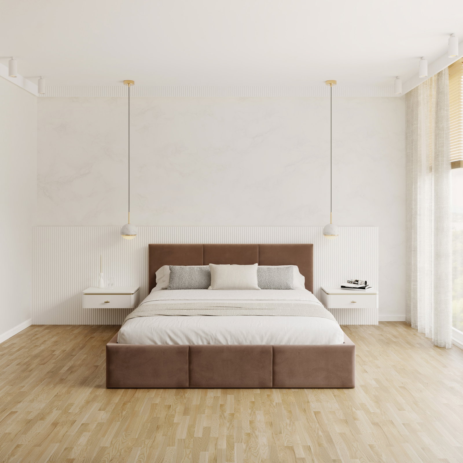 Čalúnená posteľ AMBER 140x200 Hnedá Trinity s úložným priestorom a dreveným roštom