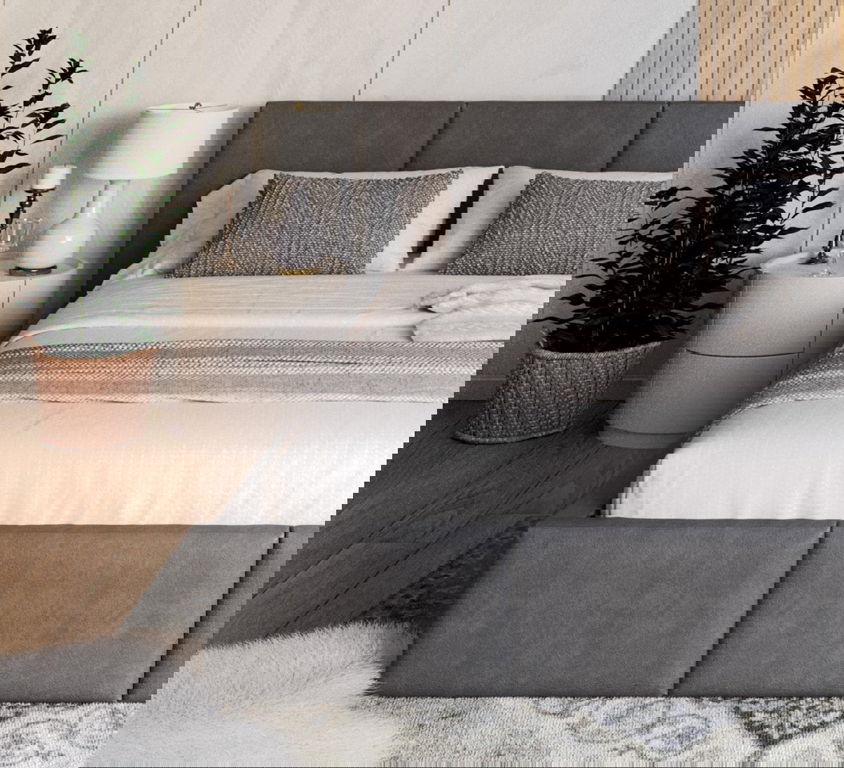 Čalúnená posteľ AMBER 140x200 Grafit Trinity s úložným priestorom a dreveným roštom