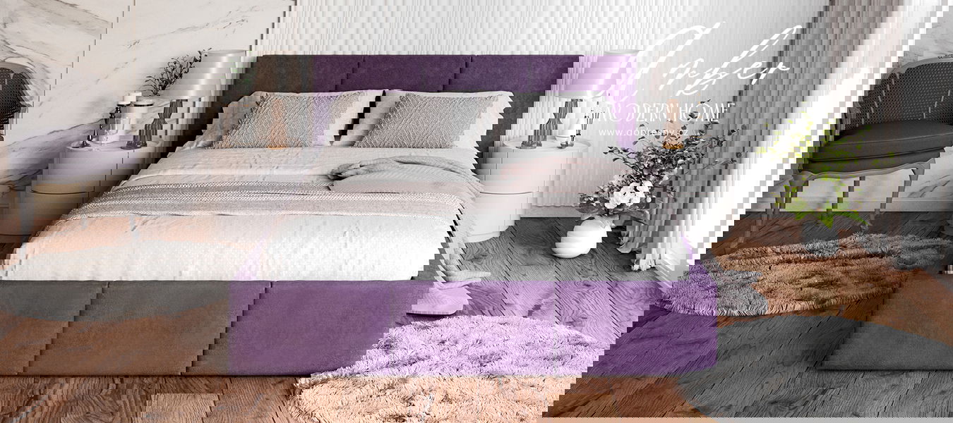 Čalúnená posteľ AMBER 160x200 Fialová Trinity s úložným priestorom a dreveným roštom