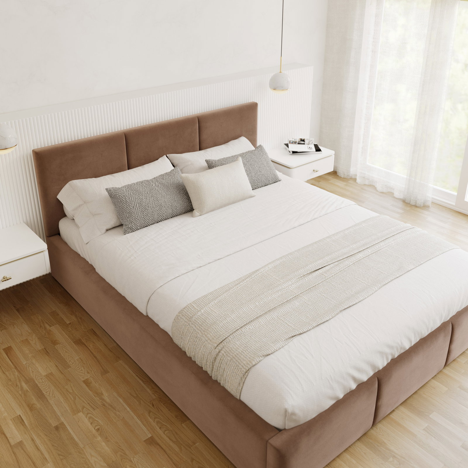 Čalúnená posteľ AMBER 180x200 Hnedá Trinity s úložným priestorom a dreveným roštom