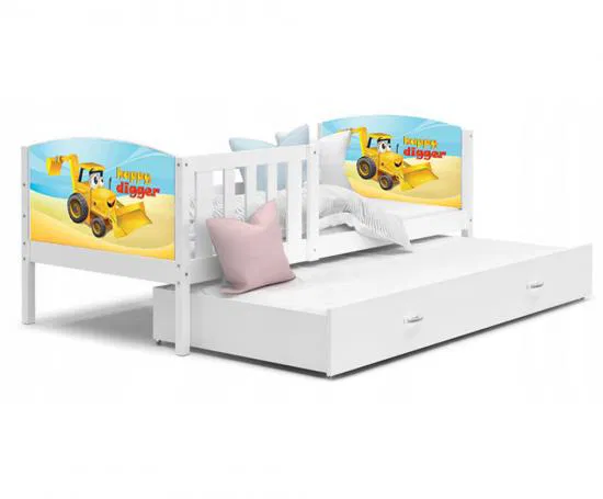 Dětská postel TAMI P2 90x200 cm v bílé barvě s motivem bagr