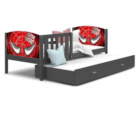 Dětská postel TAMI P2 90x200 cm v šedé barvě s motivem superhrdiny
