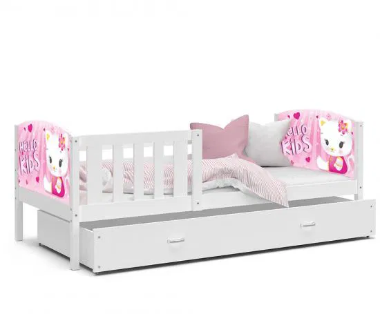 Dětská postel TAMI P 80x160 cm v bílé barvě s motivem kočičky