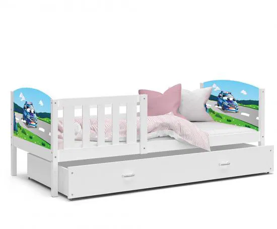 Dětská postel TAMI P 80x160 cm v bílé barvě s motivem policejního auta