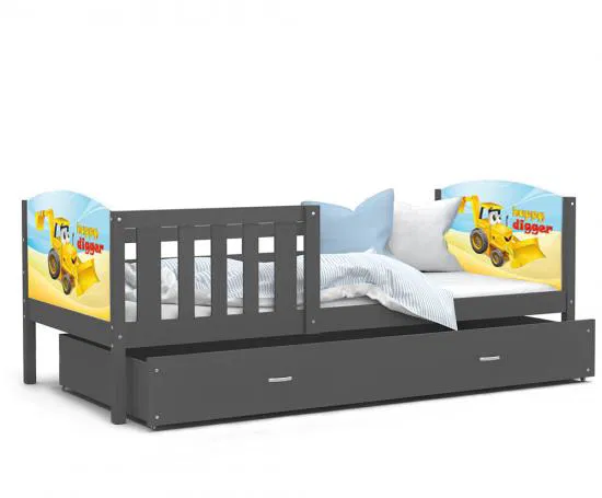 Dětská postel TAMI P 80x160 cm v šedé barvě s motivem bagr