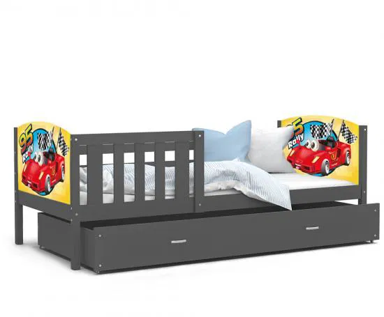 Dětská postel TAMI P 80x160 cm v šedé barvě s motivem formule
