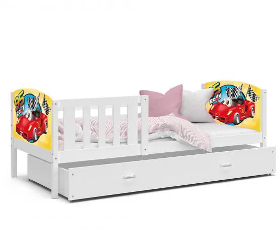 Dětská postel TAMI P 80x190 cm v bílé barvě s motivem formule