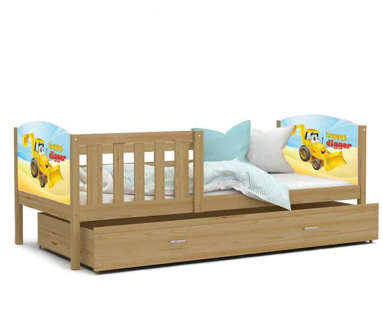 Dětská postel TAMI P 80x190 cm v borovicovém provedení s motivem bagr