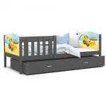 Dětská postel TAMI P 80x190 cm v šedé barvě s motivem bagr
