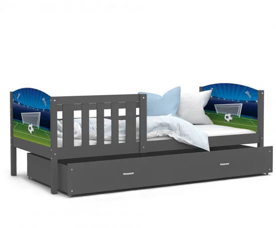 Dětská postel TAMI P 90x200 cm v šedé barvě s motivem fotbal.míče a branky