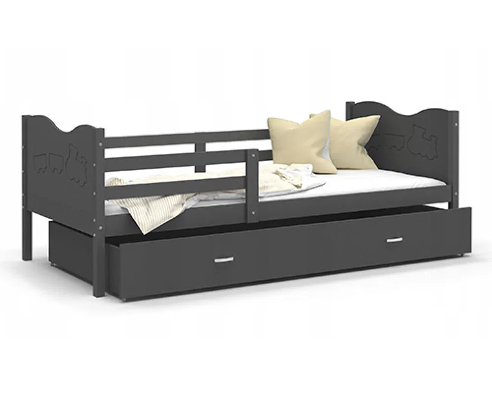 Dětská postel MAX P 80x190cm s šedou konstrukcí v šedé barvě s motivem vláčku