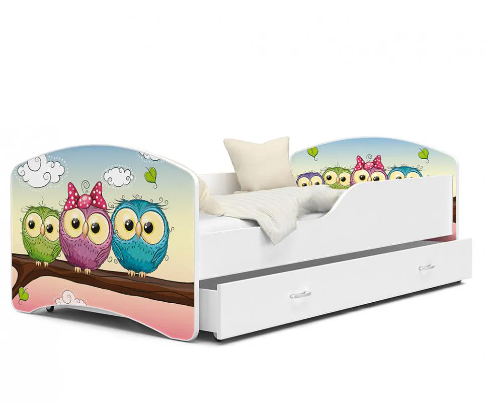 Dětská postel IGOR  80x140 cm v bílé barvě se šuplíkem SOVIČKY