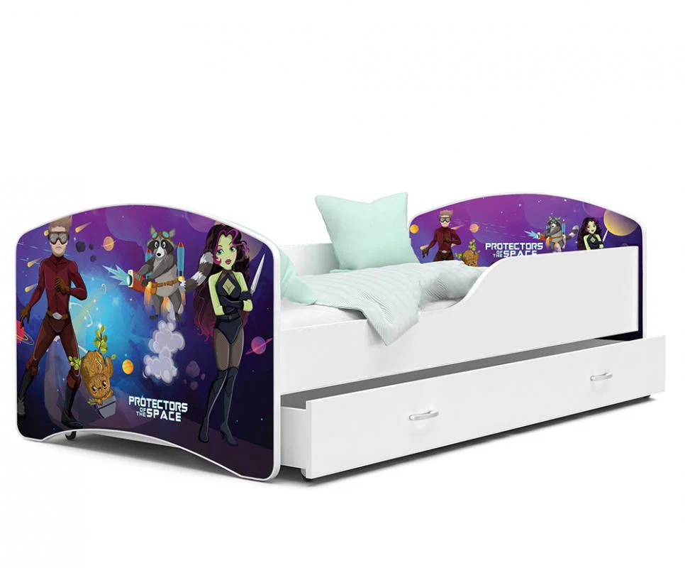 Dětská postel IGOR 80x140 cm v bílé barvě se šuplíkem STRÁŽCI VESMÍRU