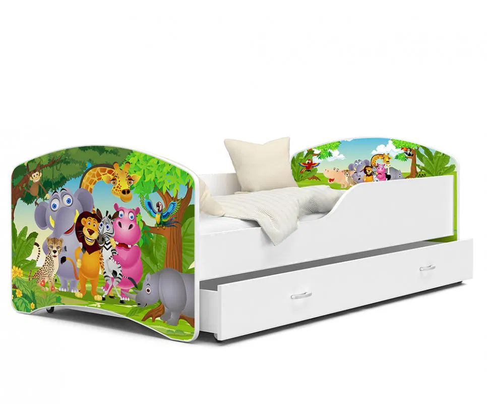 Dětská postel IGOR 80x180 cm v bílé barvě se šuplíkem ZVIŘATKA Z JUNGLE