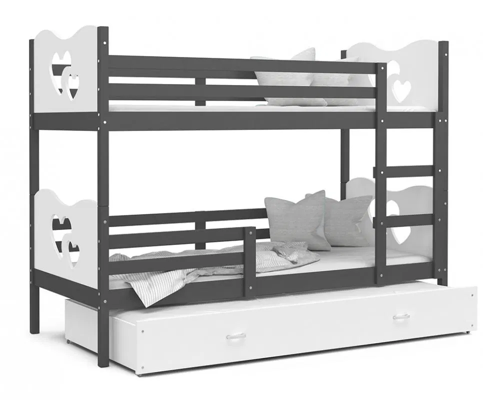 Dětská patrová postel MAX 3 90x200 cm s šedou konstrukcí v bíle barvě se srdíčky