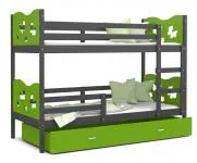 Dětská patrová postel MAX 160x80 cm s šedou konstrukcí v zelené barvě s MOTÝLKY