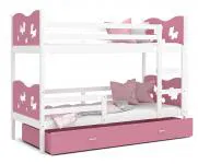 Dětská patrová postel MAX 200x90 cm s bílou konstrukcí v růžové barvě s MOTÝLKY