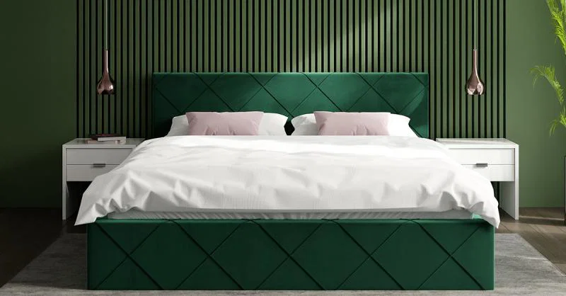Čalouněná postel CARO 90x200 s kovovým zdvižným roštem ZELENÁ