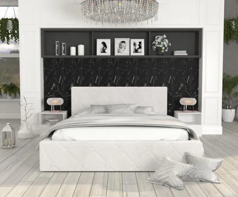 Luxusní postel CARO 160x200 s kovovým zdvižným roštem BÍLÁ